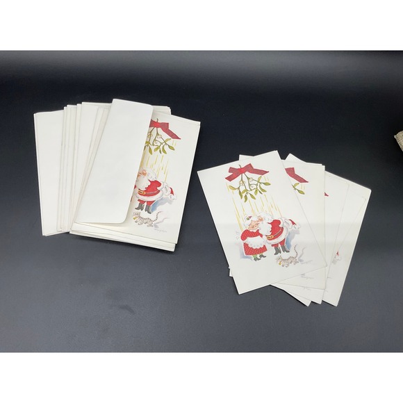 Vintage MCM Santa‎ Kissing Mrs Claus Under Mistletoe Christmas Cards Set - Picture 1 of 4